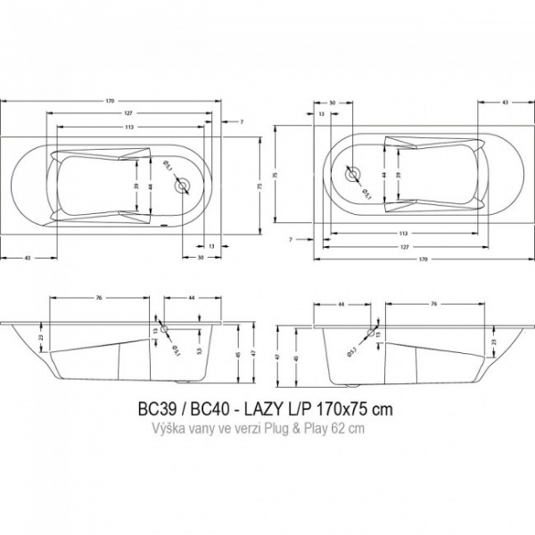 Ванна акриловая (170Х75) правосторонняя Riho Lazy Right B079001005