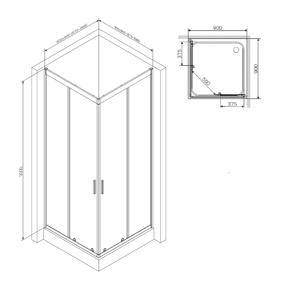 Душевой уголок (90х90) Am.Pm Gem Square Slide W90G-403-090BT