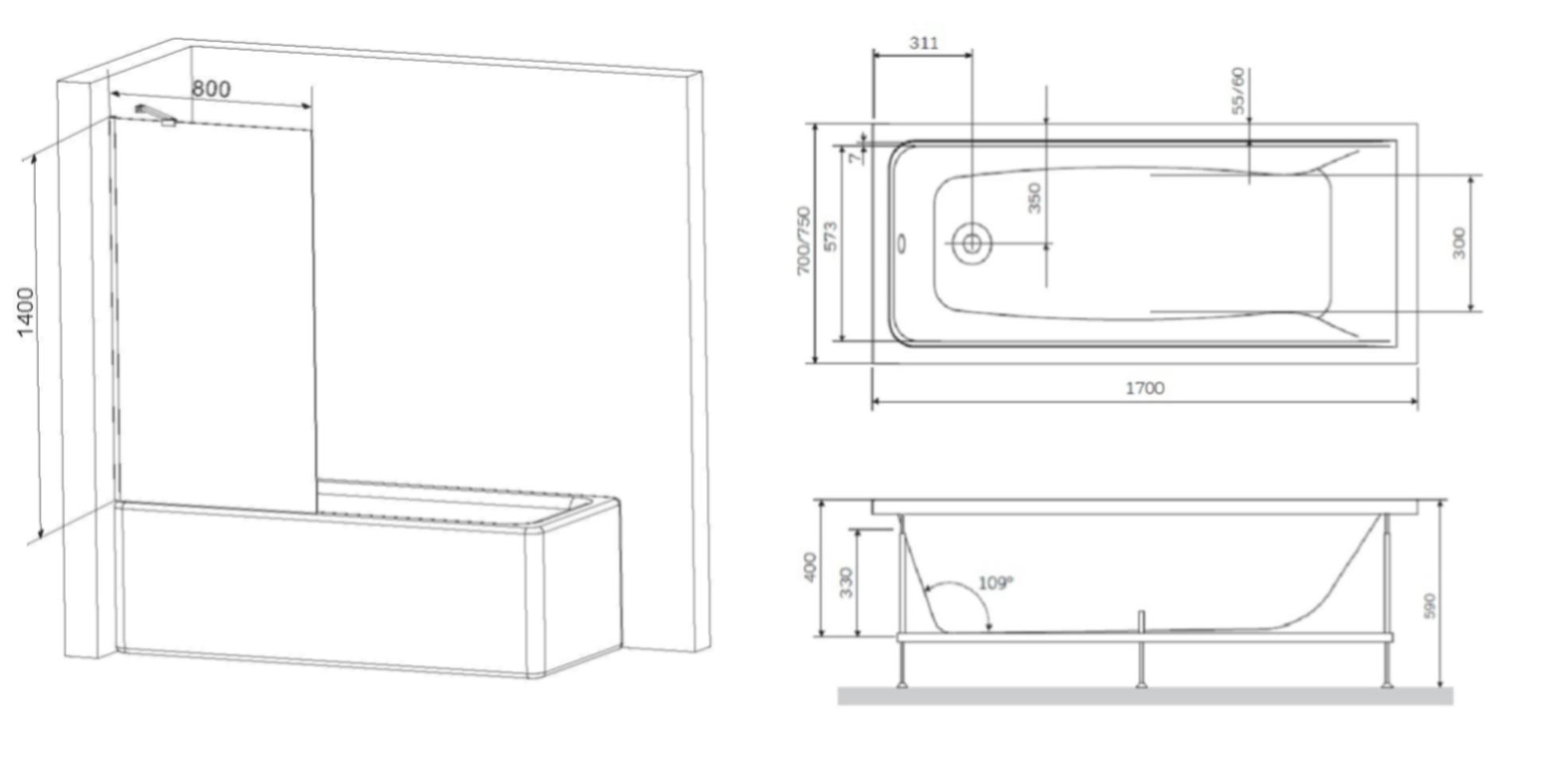 Ванна акриловая (170x70) с каркасом и шторкой на борт ванны Am.Pm Gem W90ASET-170W90BS80CT