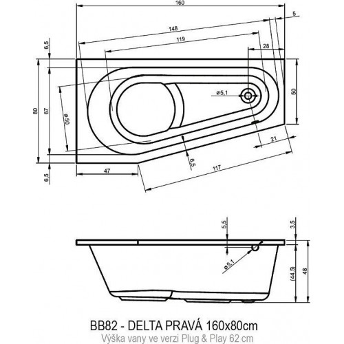 Ванна акриловая Riho Delta Plug & Play (160х80) R B068007005
