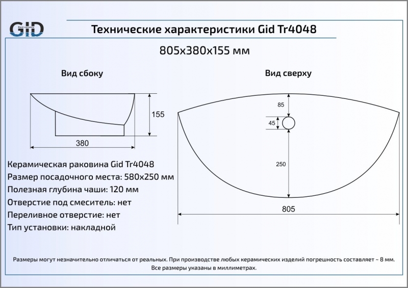 Раковина накладная (80,5х38) Gid Tr4048