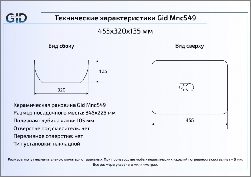 Раковина накладная (46х32,5) Gid Mnc549