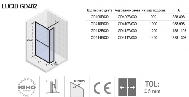 Стенка душевая Riho Lucid GD410W030