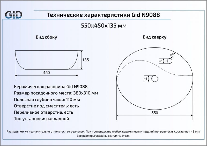 Раковина накладная (55х45) Gid N9088