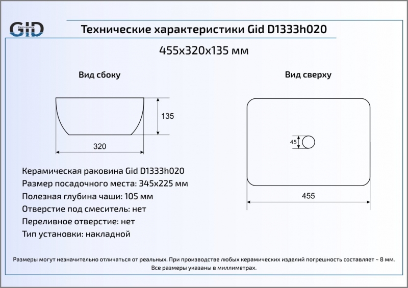 Раковина накладная (46х32,5) Gid D1333h020