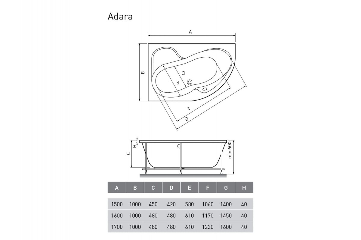 Ванна акриловая правосторонняя Relisan ADARA Гл000013734, 160x100