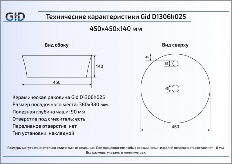 Раковина накладная (44х44) Gid D1306h025