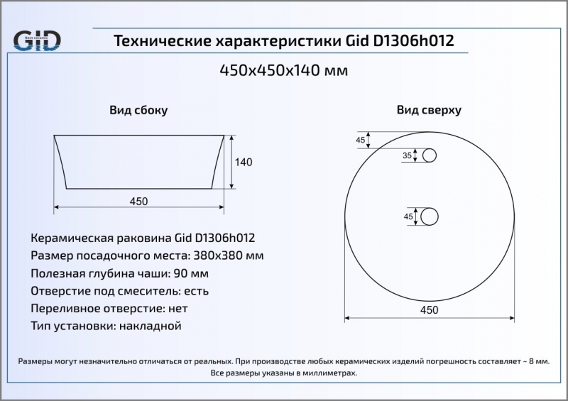 Раковина накладная (44х44) Gid D1306h012