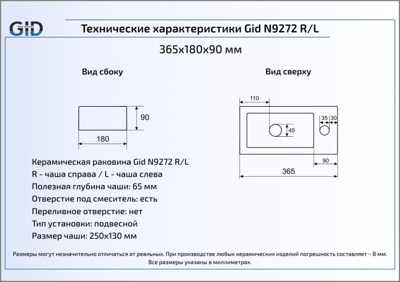 Раковина подвесная (36,5х18) Gid N9272R