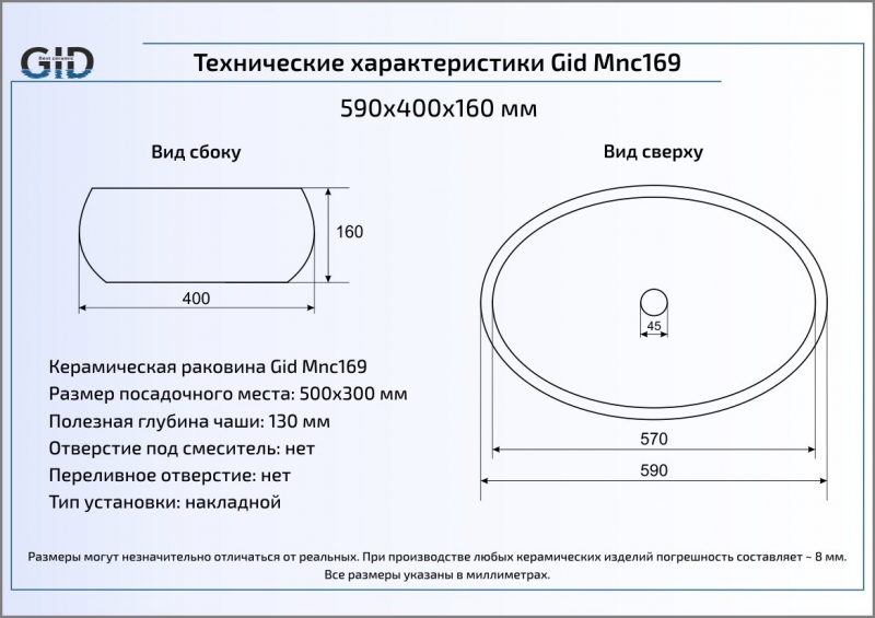 Раковина накладная (60х41) Gid Mnc169