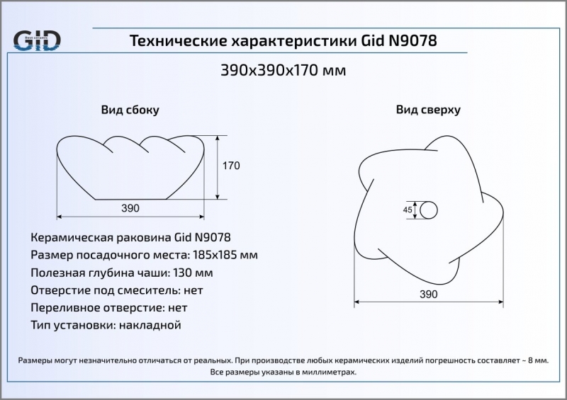 Раковина накладная (38,5х38,5) Gid N9078
