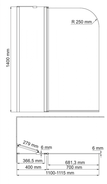 Стеклянная шторка на ванну (110х140) WasserKRAFT Leine 35P02-110 Fixed