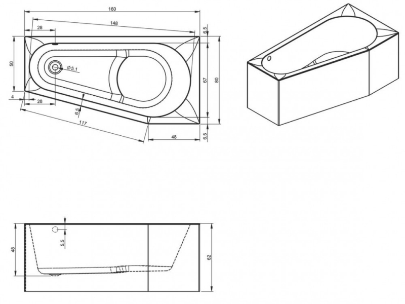 Ванна акриловая Riho Delta Plug & Play (160х80) B069007005 левая