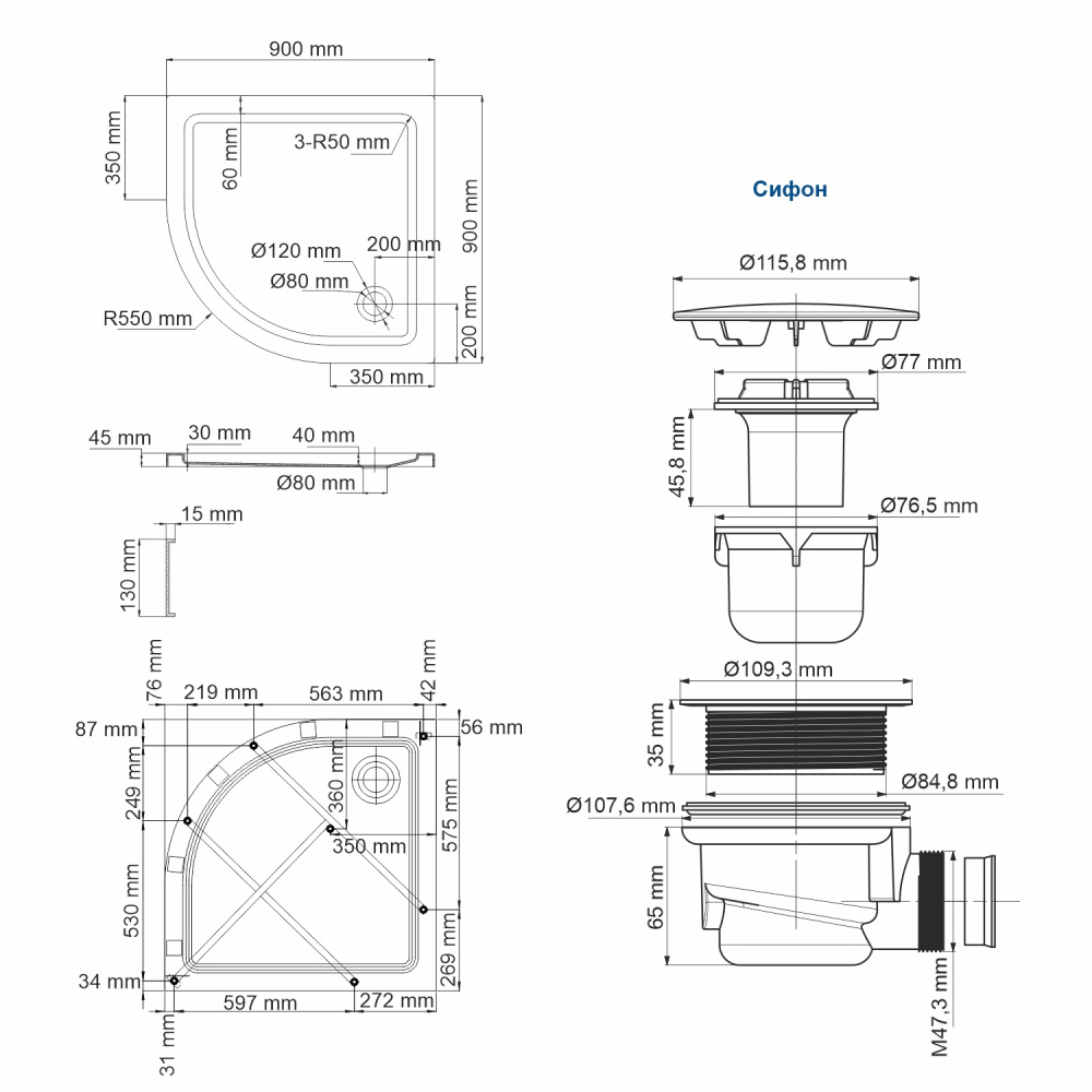 Душевой поддон (90х90) WasserKRAFT Isen 26T01