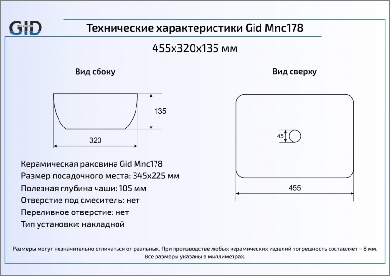Раковина накладная (46х32,5) Gid Mnc178