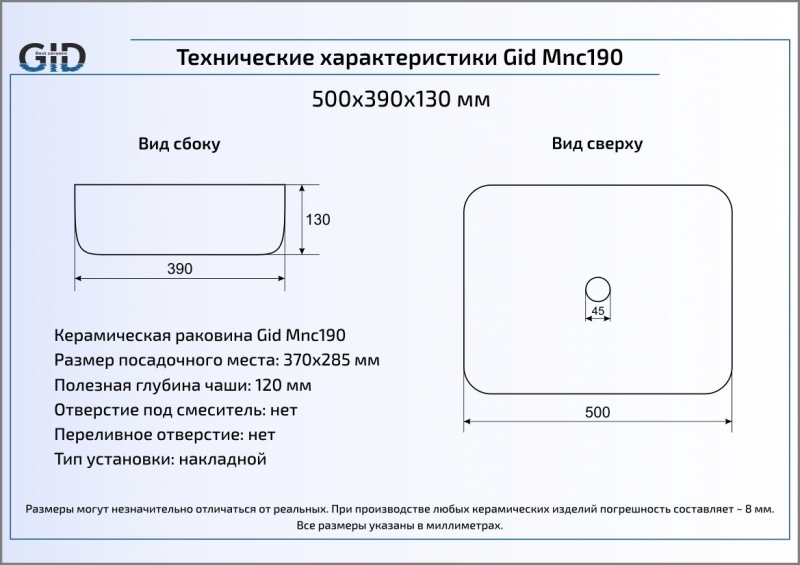 Раковина накладная (50х39) Gid Mnc190