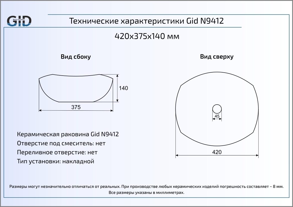 Раковина накладная (41,5х38) Gid N9412