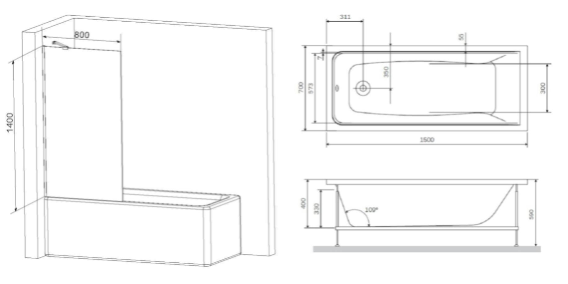 Ванна акриловая (150x70) с каркасом и шторкой на борт ванны Am.Pm Gem W90ASET-150W90BS80CT