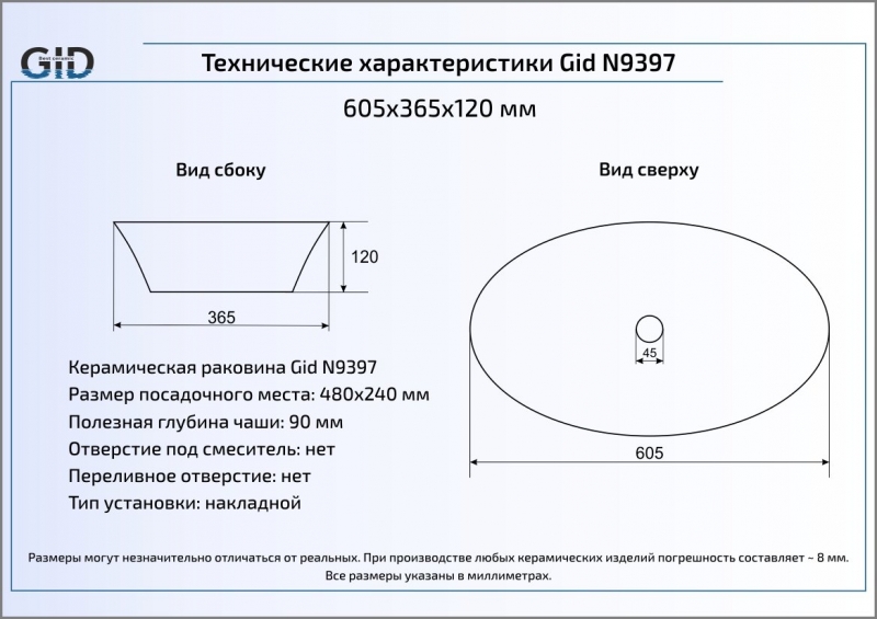 Раковина накладная (61х37) Gid N9397