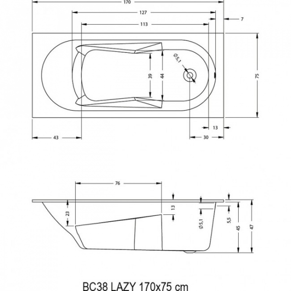 Ванна акриловая (170х75) Riho Lazy B078001005