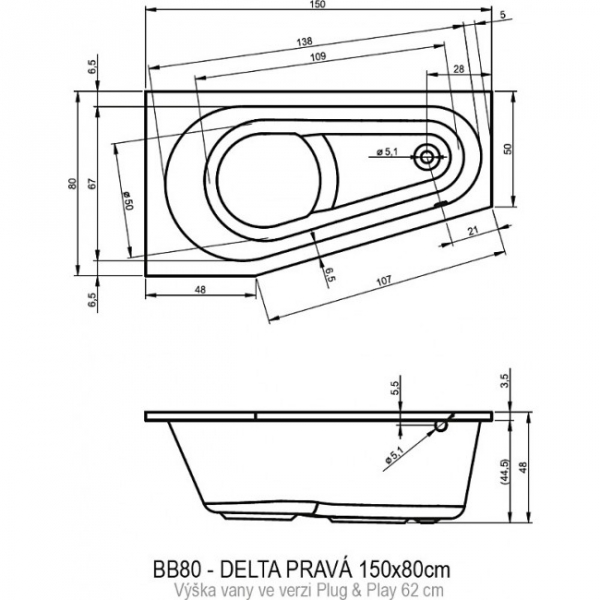 Ванна акриловая Riho Delta Plug & Play правосторонняя (150х80) B066007005