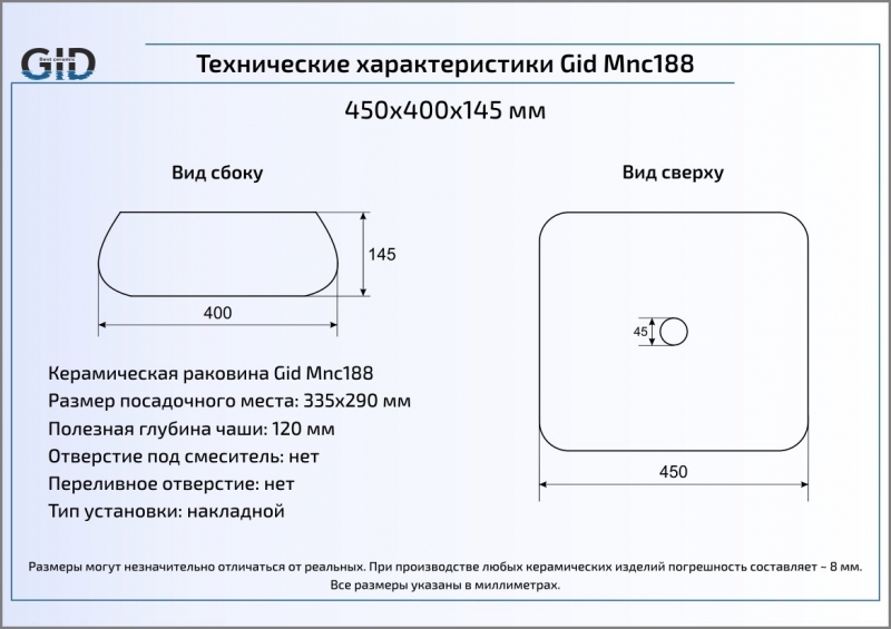 Раковина накладная (45х40) Gid Mnc188