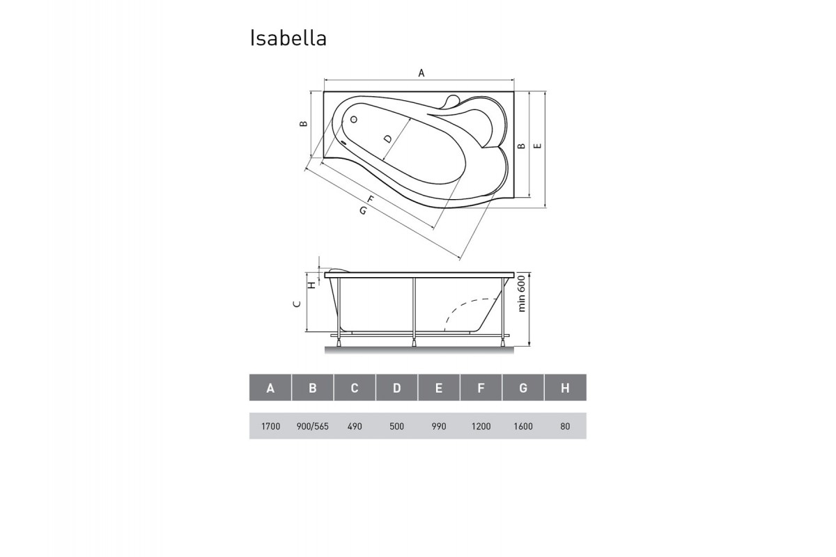 Ванна акриловая правосторонняя Relisan ISABELLA Гл000010530, 170x90