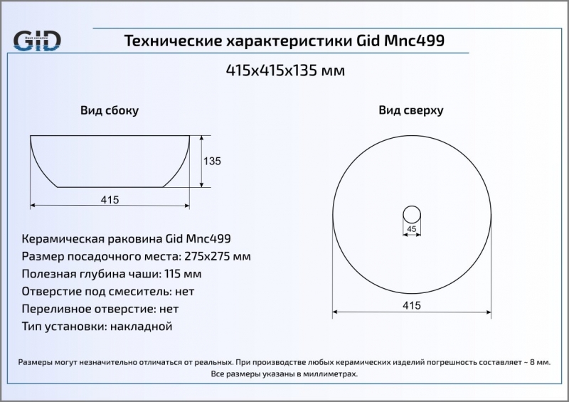 Раковина накладная (41,5х41,5) Gid Mnc499