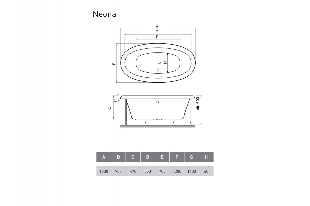 Ванна акриловая отдельностоящая Relisan NEONA Гл000000548, 180x90