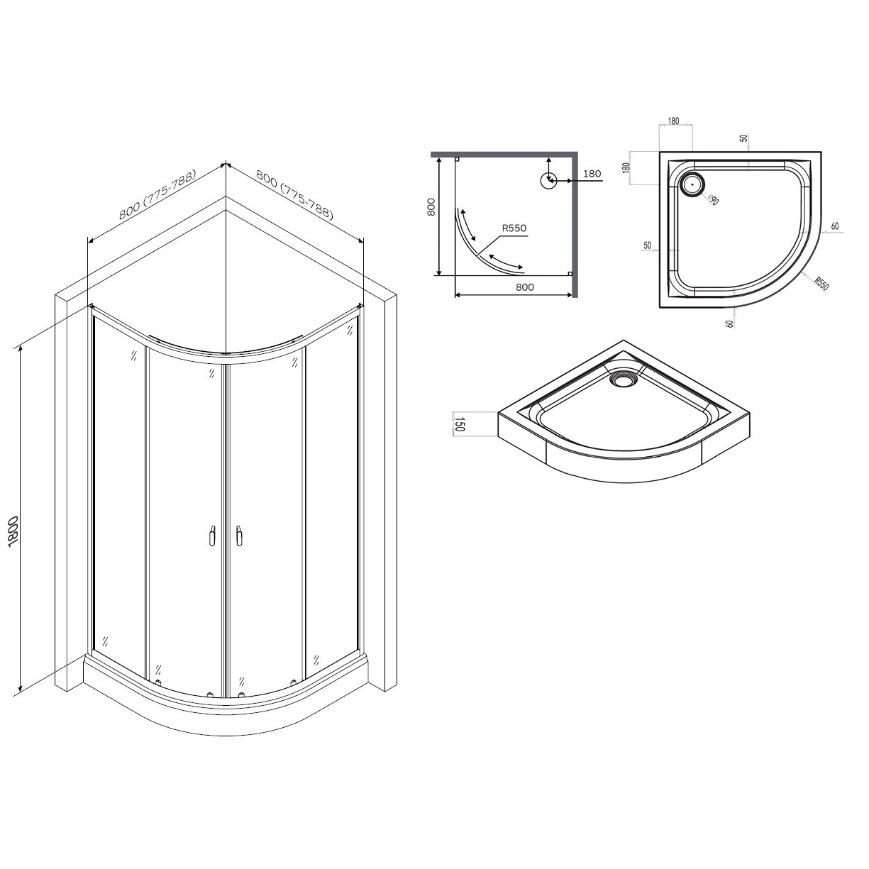 Душевой уголок с поддоном (80х80) Am.Pm X-Joy Twin Slide W88E-205-080MT64