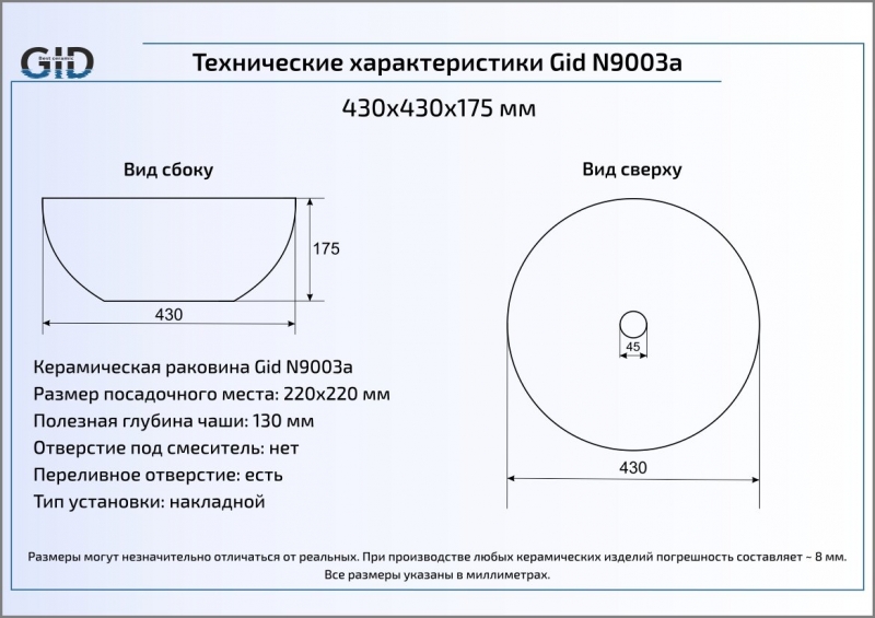 Раковина накладная (43х43) Gid N9003a