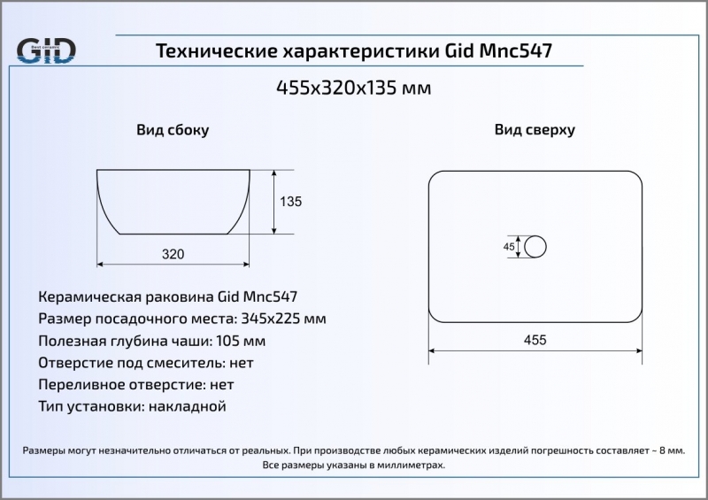 Раковина накладная (46х32,5) Gid Mnc547