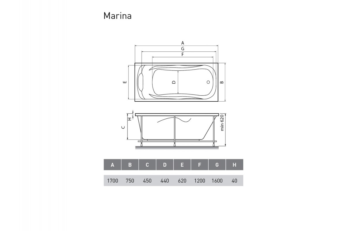 Ванна акриловая Relisan MARINA Гл000008874, 170x75