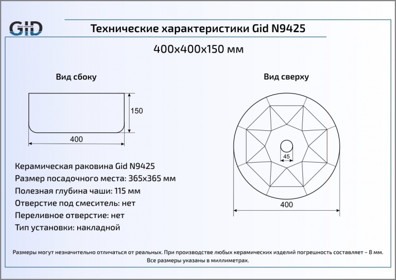 Раковина накладная (40х40) Gid N9425
