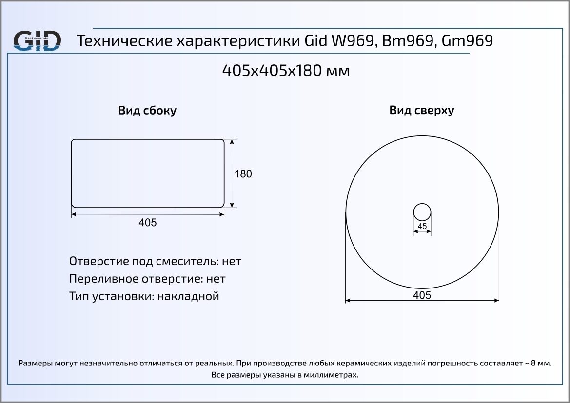 Раковина накладная (41х41) Gid W969