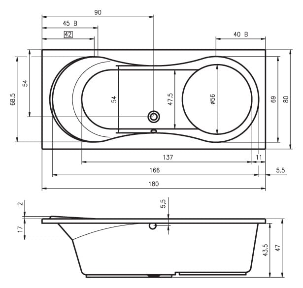 Ванна акриловая RIHO Tofield 180x80 BA3700500000000 без гидромассажа