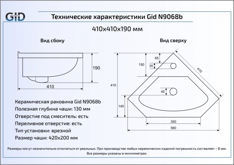 Раковина встраиваемая сверху (41х41) Gid N9068b