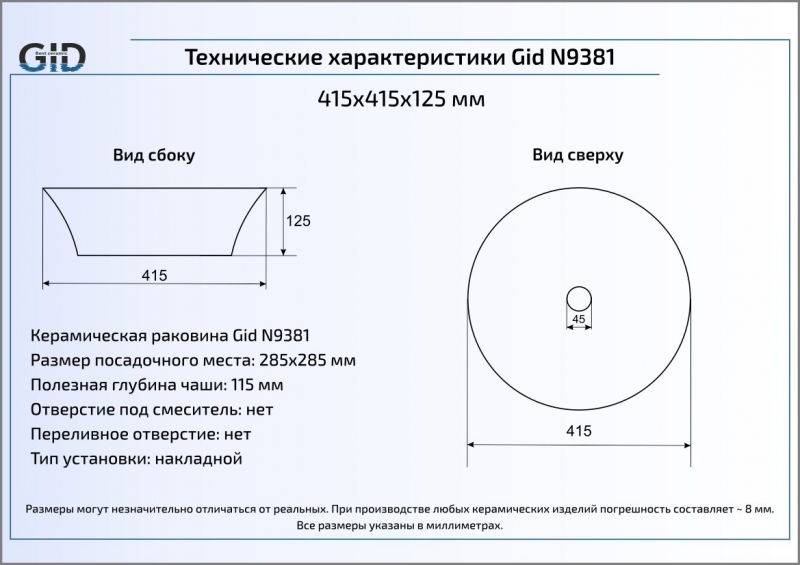 Раковина накладная (41,5х41,5) Gid N9381