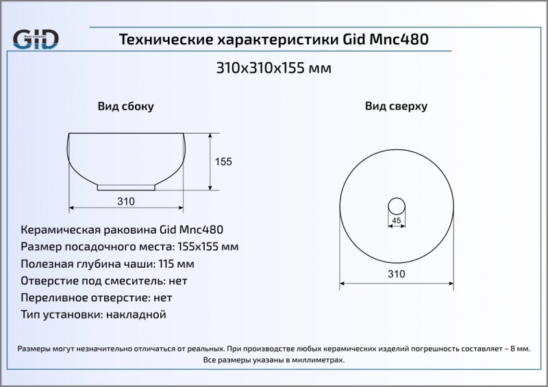 Раковина накладная (32х32) Gid Mnc480