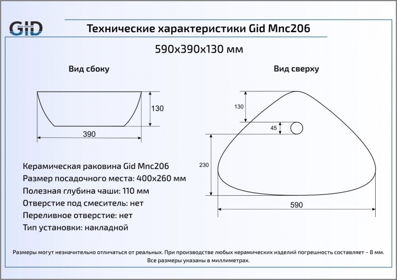 Раковина накладная (59х39) Gid Mnc206