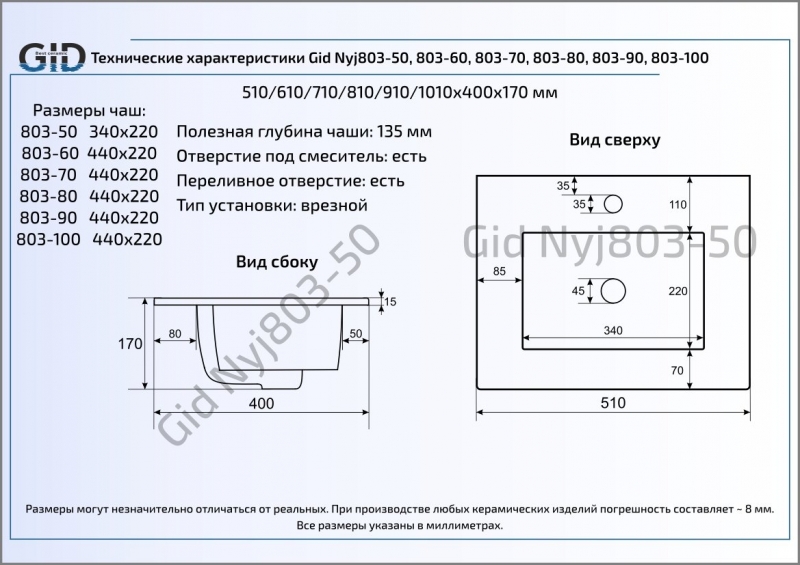 Раковина встраиваемая сверху (51х40) Gid NYJ803-50